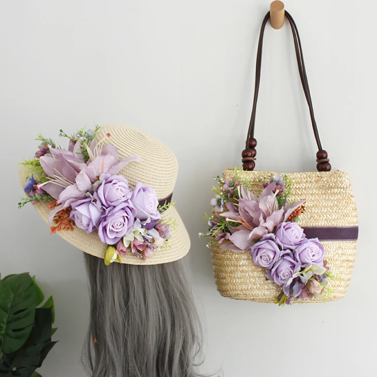 Women Summer Straw Beach Bag Colorful Artificial Flowers Handmade High-end Customized Rattan Fashin Lady Holiday Tote Hat Suit