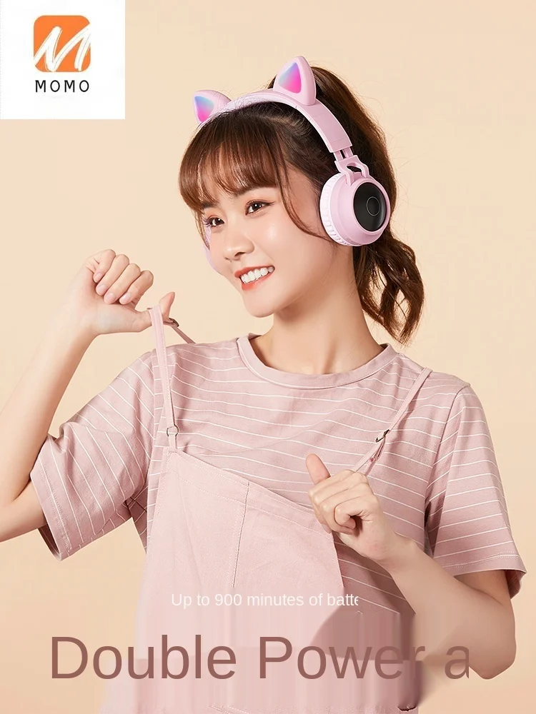 headphone head mounted wireless bluetooth subwoofer cat ears mobile phone computer girl cute luminous headset free global shipping