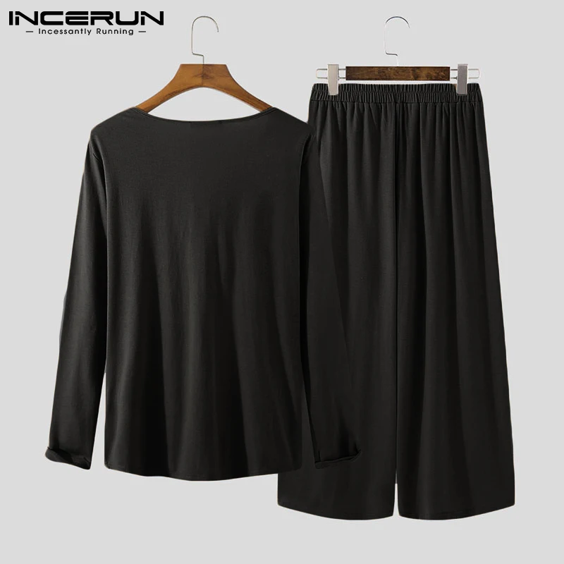 

Men Sets Solid Color Streetwear 2021 Heaps Collar Long Sleeve T Shirt Wide Leg Pants Two Pieces Retro Casual Men Suits INCERUN 7