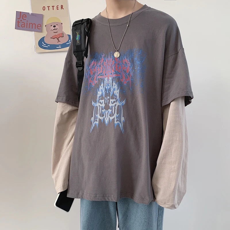 

2020 Men's Cotton Round Neck Loose Pullover Fake Two Piece Pullover Sweater Long Sleeve T-shirt