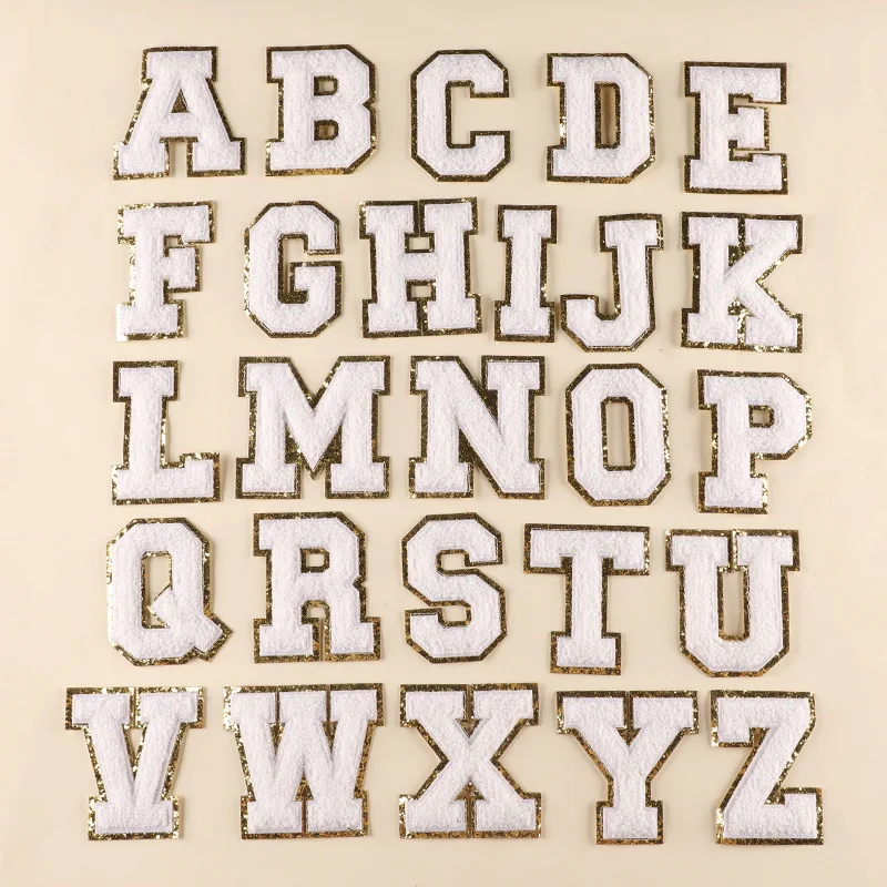 

Prajna 1Pcs White Chenille Embroidery Patches Towel Letter Patch For Clothes Gold Sequins Letter Iron On Patches Hotfix Applique