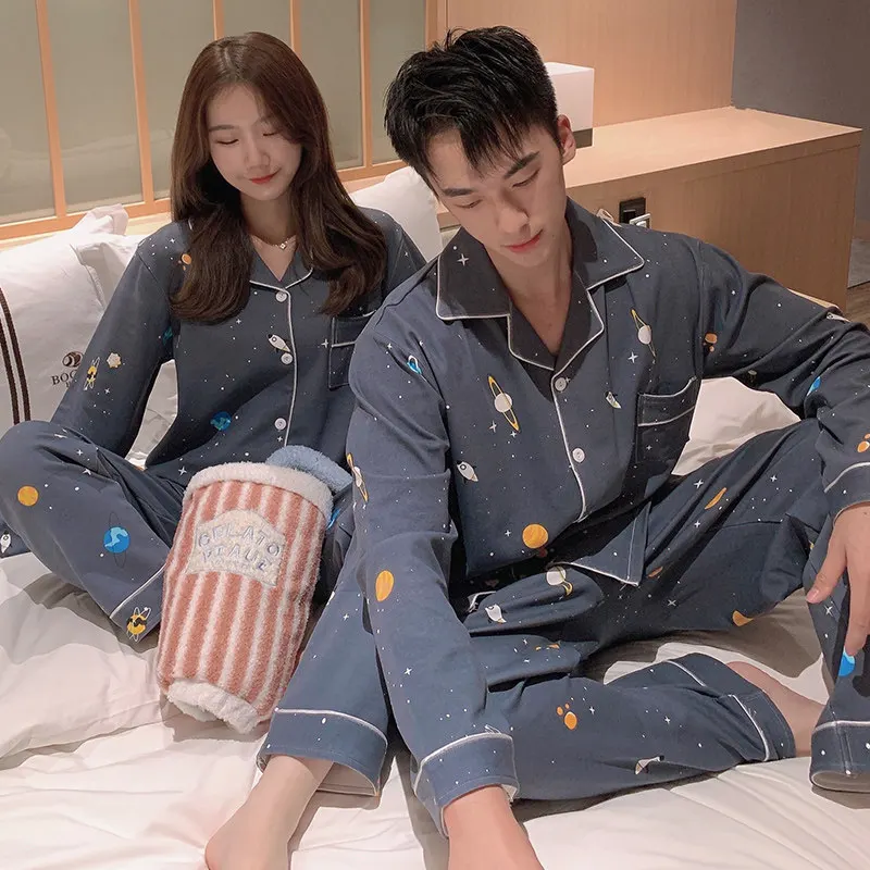 

SLPBELY Couple Pajamas Set Homewear Spring Cartoon Starry Sky Long Sleeve Men And Women Pyjamas Lovers Sleepwear Home Clothing