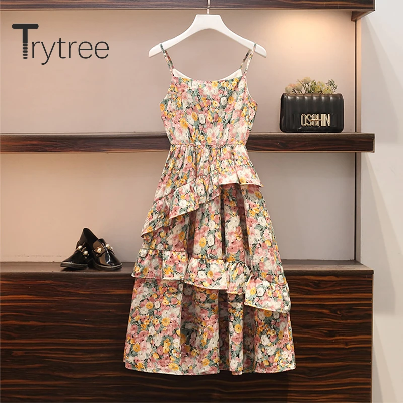 Летнее женское платье Trytree 2020 повседневное модное с V образным вырезом пышными
