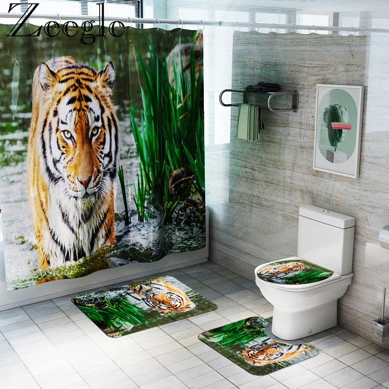 Zeegle ванной Ковер душ занавес Антипробуксовочная Bath Mat Set Lion Printed