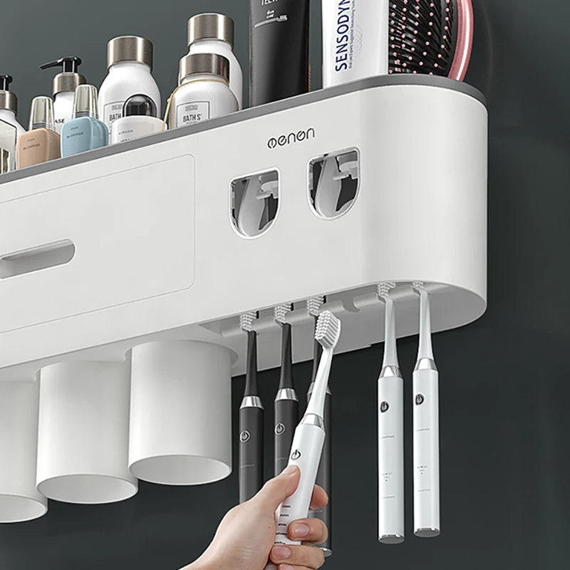 Dispensador autom&aacute;tico doble de pasta de dientes, dispensador de pasta dental con taza invertida de adsorci&oacute;n magn&eacute;tica, soporte para cepillo de dientes, estante de almacenamiento para Ba&ntilde;o-5