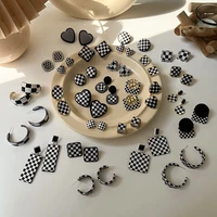 vintage black white metal acrylic checkerboard stud earrings geometric heart square pendant elegant plaid earrings jewelry gifts