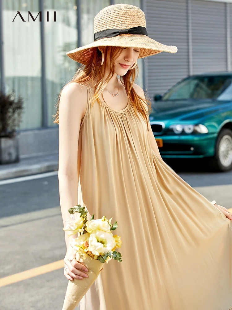 Amii Summer Holiday Dress Female Strap Solid Loose Round Neck Sexy Long Dresses Boho Vestidos 11970146 | Женская одежда