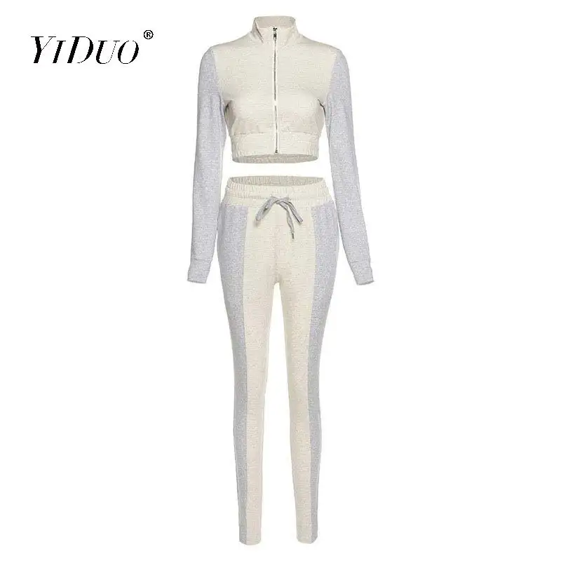 

YiDuo Autumn Color Block Patchwork Cotton Women Casual Activity Tracksuit Streetwear Zipper Crop Top Trousers 2 Piece Set Outfit