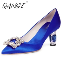 handmade point toe shallow blue womens pumps fashion satin crystal woman high heels dress shoes blue crystal heel party pumps
