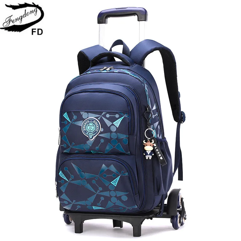 Fengdong stair climbing trolley school backpack school bags for boys with 6 wheels teenagers detachable rolling wheel book bag