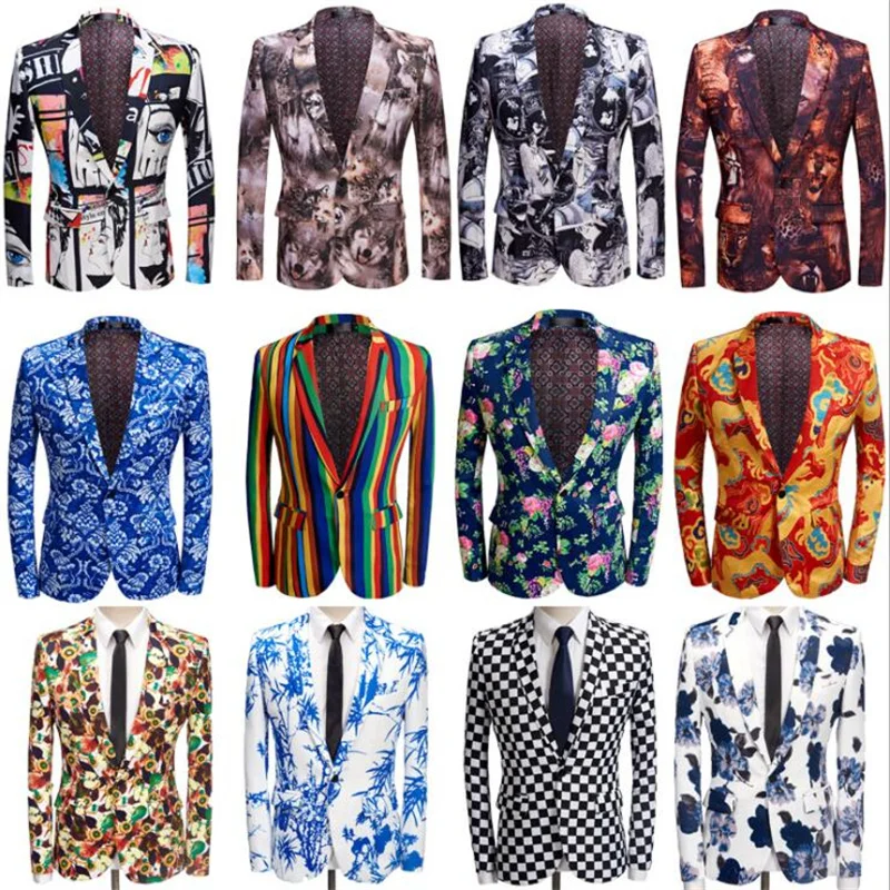 Large size men's printed suits jacket korean casual blazers spring autumn models with a buckle European and American style