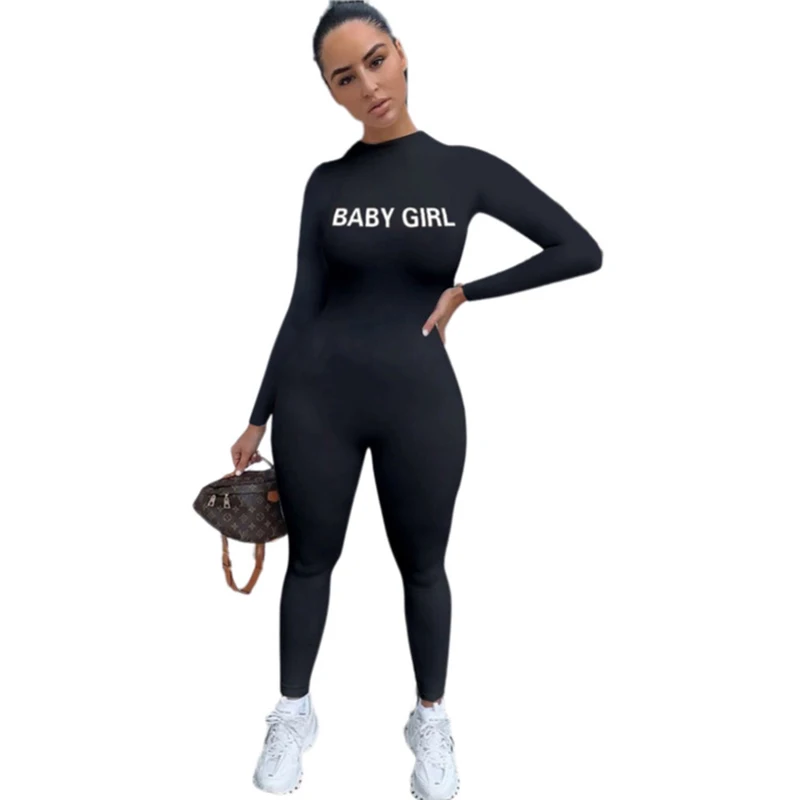 Winter Sport Jumpsuit Women Sexy Slim Letters Solid Color Long-sleeved Skinny Tracksuit Casual European and American Clothing