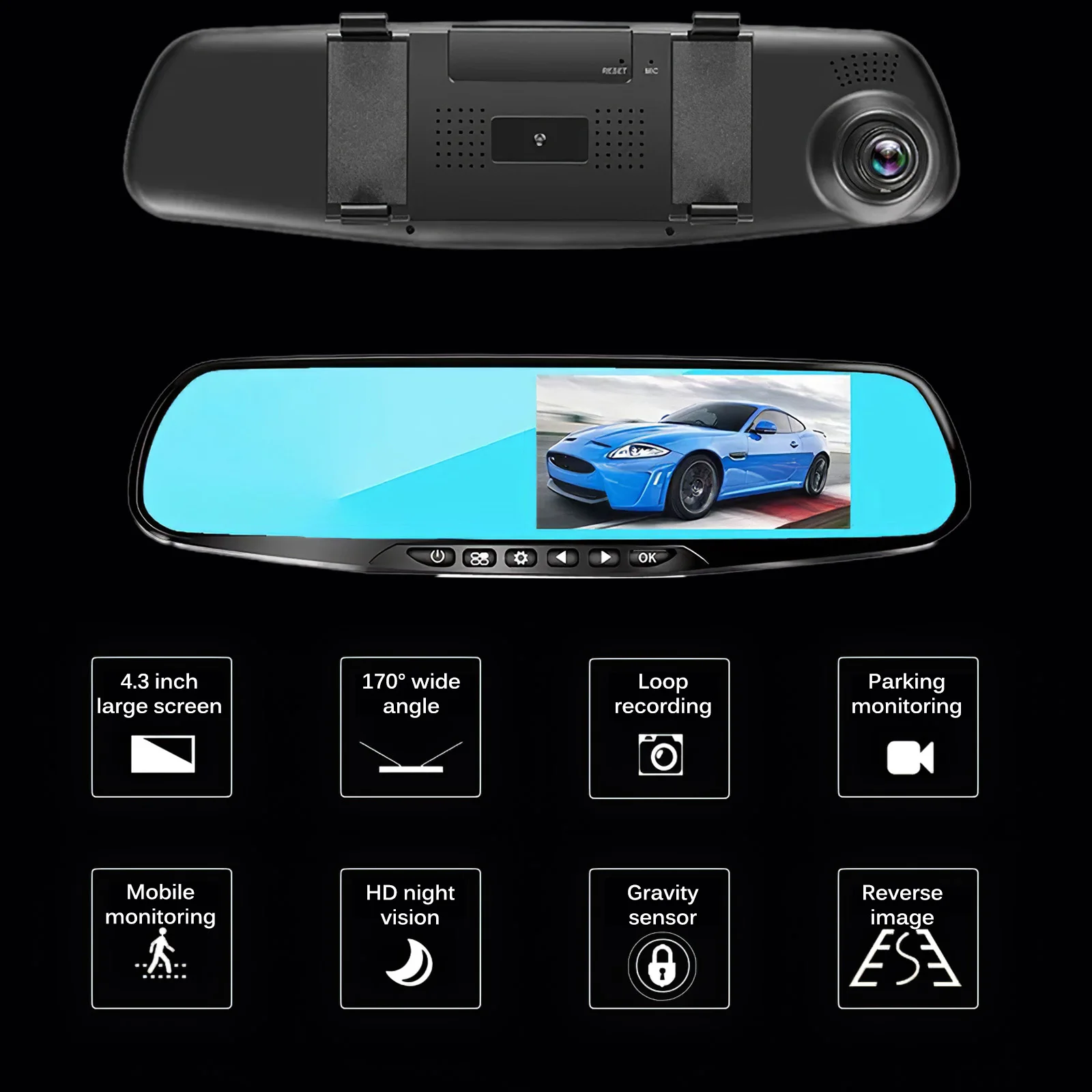 

Full HD 1080P Car Dvr Camera 140 Degree Auto 4.3 Inch Rearview Mirror Digital Video Recorder Dual Lens Registration Camcorder