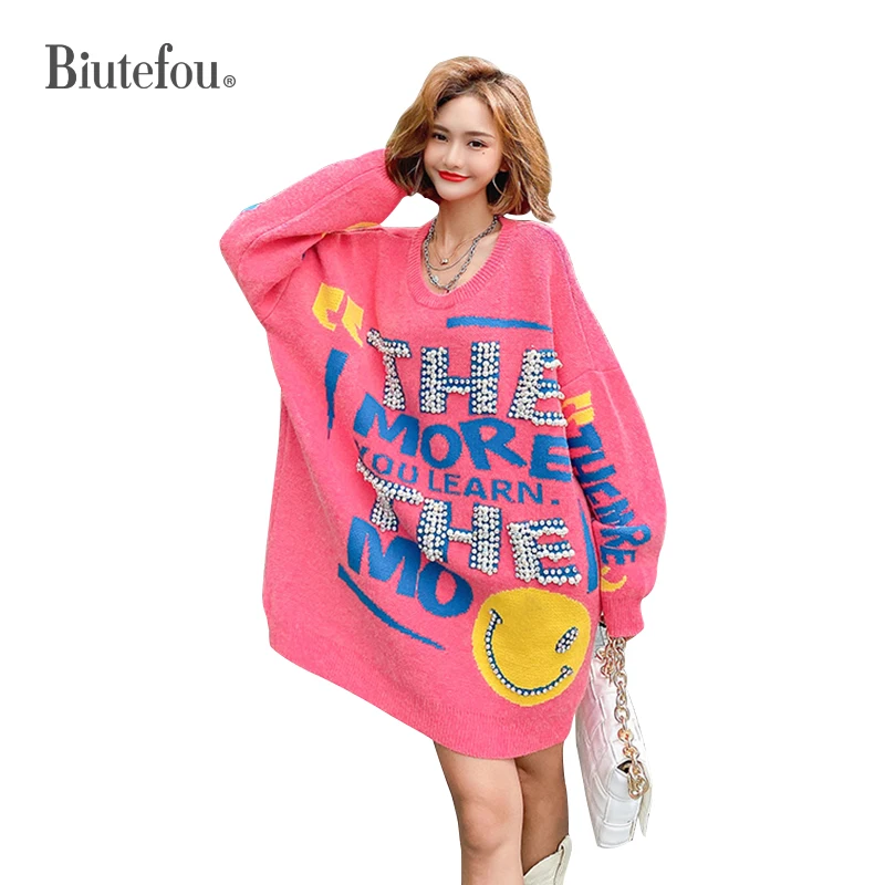 

2021 New Arrival Winter Women Long Beading Loose Sweater