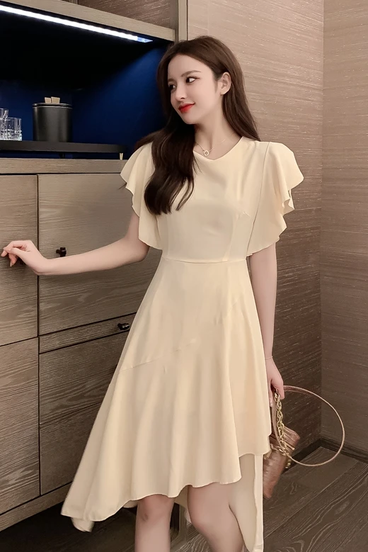 

Leiouna O Neck Popular Skirt Women's White Asymmetrical 2021 New Spring Ruffles High Waist Slim Irregular Medium Length Dress