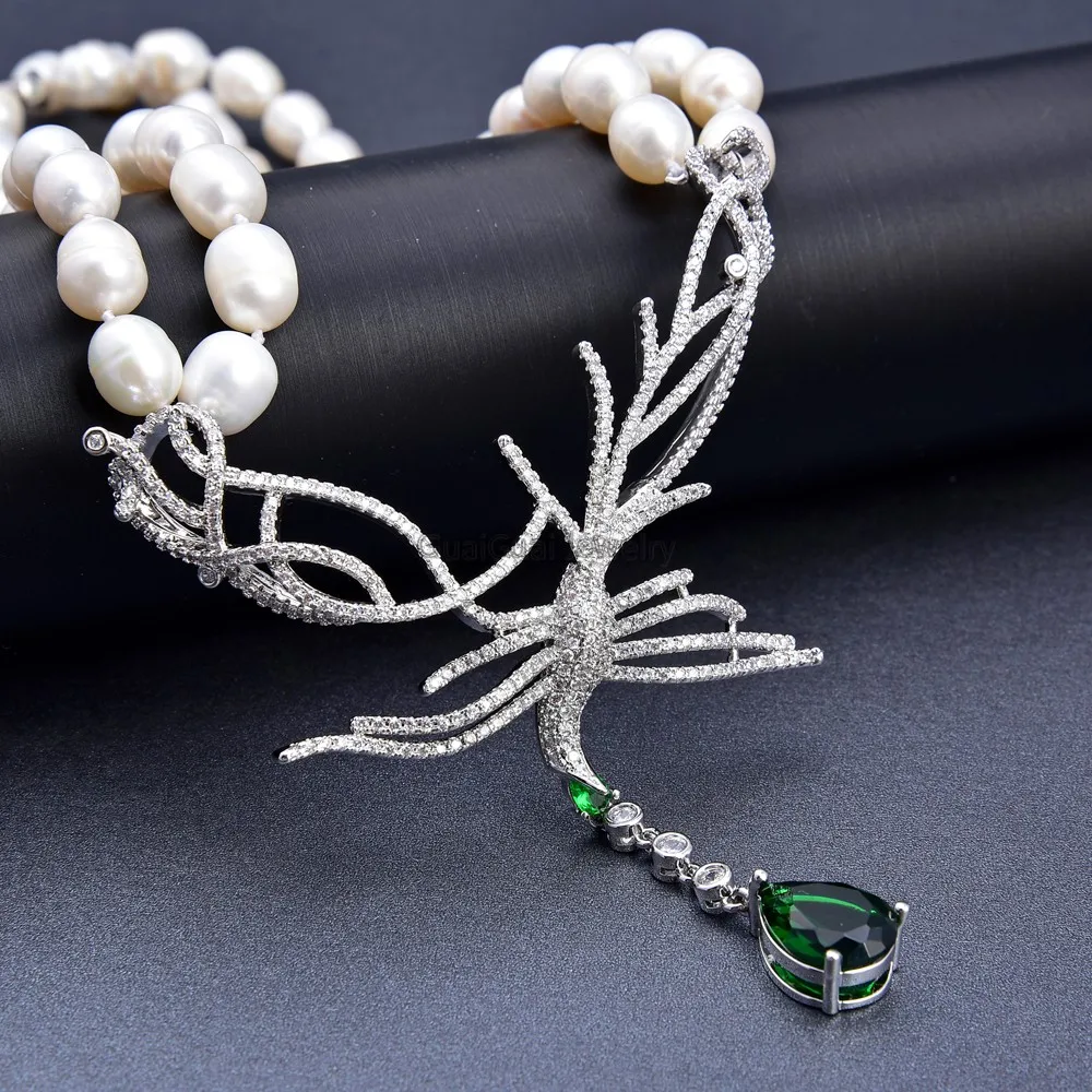 

19''-20" 2 Strands Cultured White Rice Pearl Necklace CZ Pendant