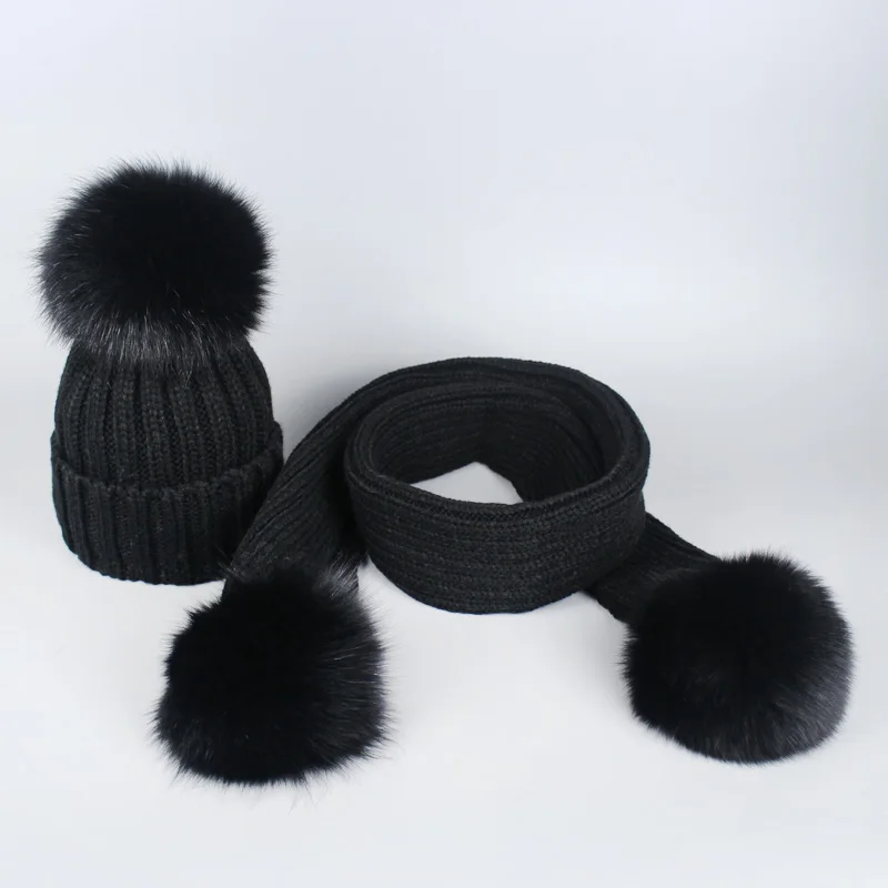 Black-Set Осень-зима, детский, взрослый, леди, помпон из лисьего меха, женская вязаная шапка, шапка, шарф, набор, детский, Soild, вязаный крючком, большой помпон, шапки, s - Цвет: Black-Set