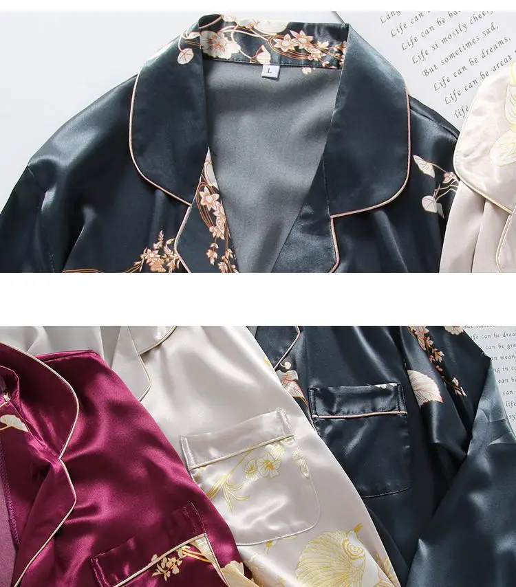 

Lapel Women Pijamas Suit Flower Print 2PCS Sleepwear Long Sleeve Trouser Suits Elastic Waist Shirt&Pants Casual Home Clothing