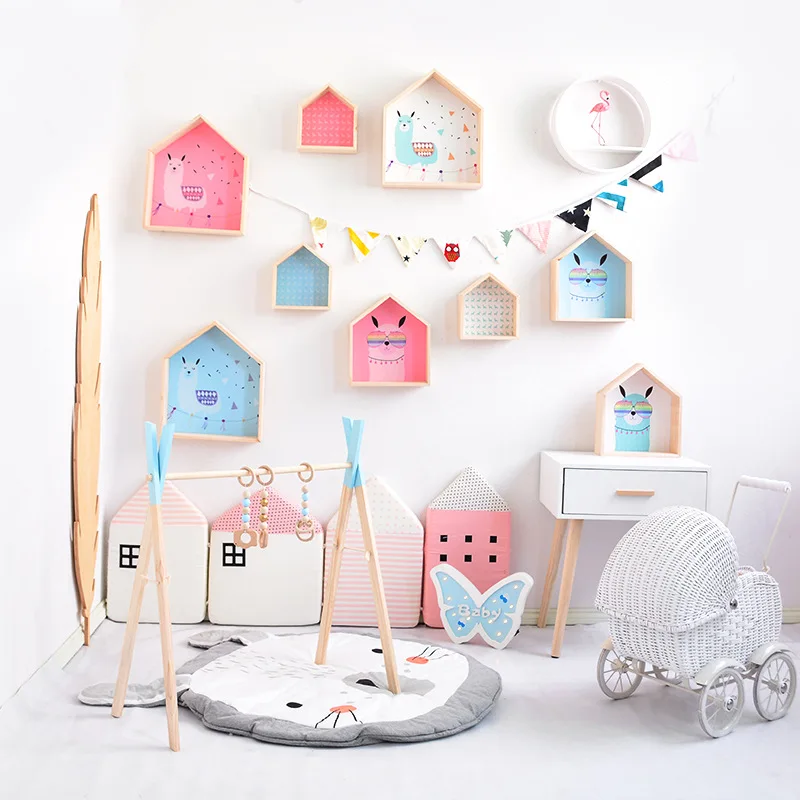 Скандинавский деревянный стеллаж для хранения в форме домика полка детской