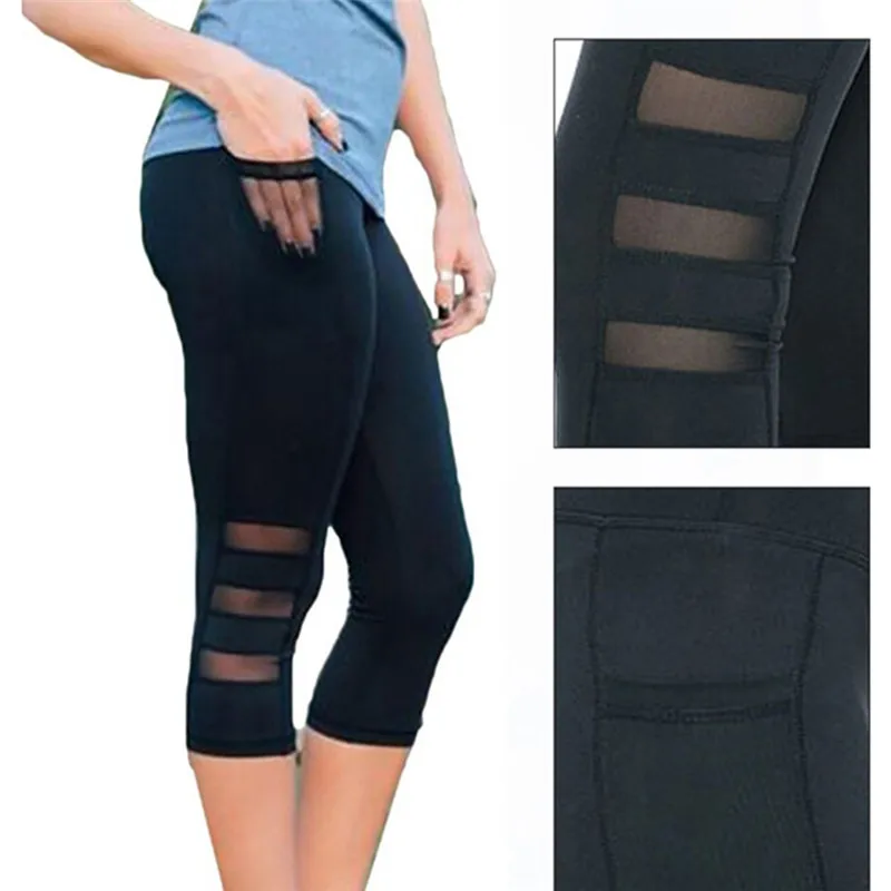 Черные Сетчатые штаны для йоги фитнеса девочек 3/4 женские Леггинсы с высокой