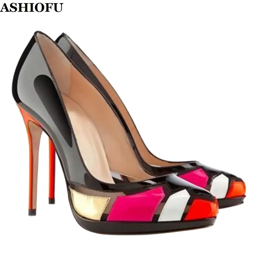 

ASHIOFU Handmade Ladies High Heel Pumps Patchwork Party Dress Slip-on Shoes Multicolored Evening Fashion Court Shoes