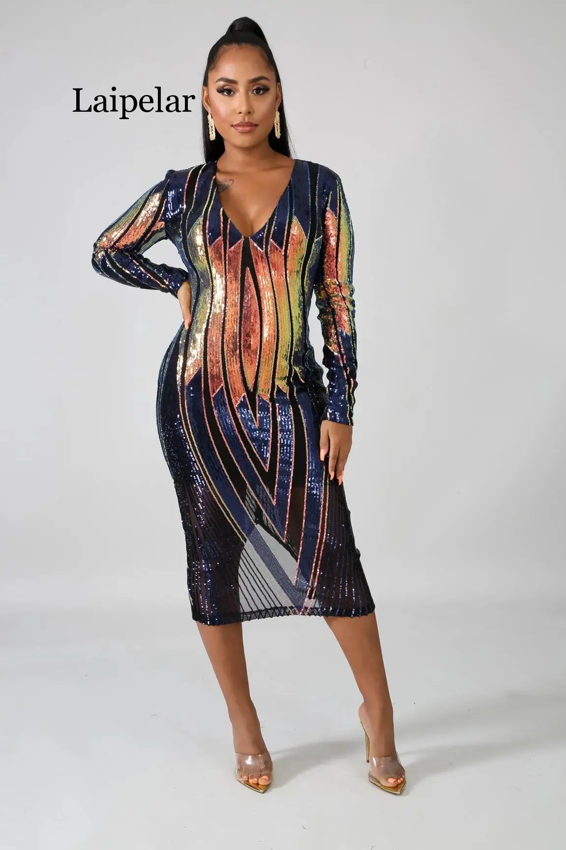 

Laipelar 2019 Fall Autumn Winter V-Neck Long Sleeve Sequined Mesh See Through Mid Calf Dress Sexy Bandage Night Club Midi Dress