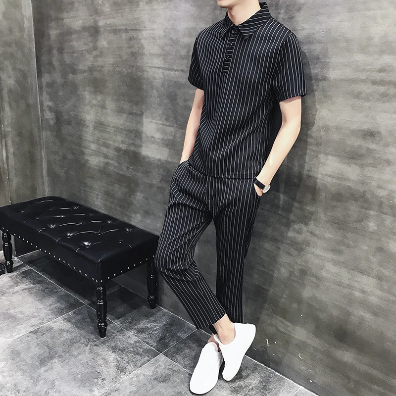 

Set Summer 2020 Mens Striped Business Mens Clothing Mens 2 Pcs Set Social Club Black Erkek Giyim Slim Fit British Ropa De Hombre