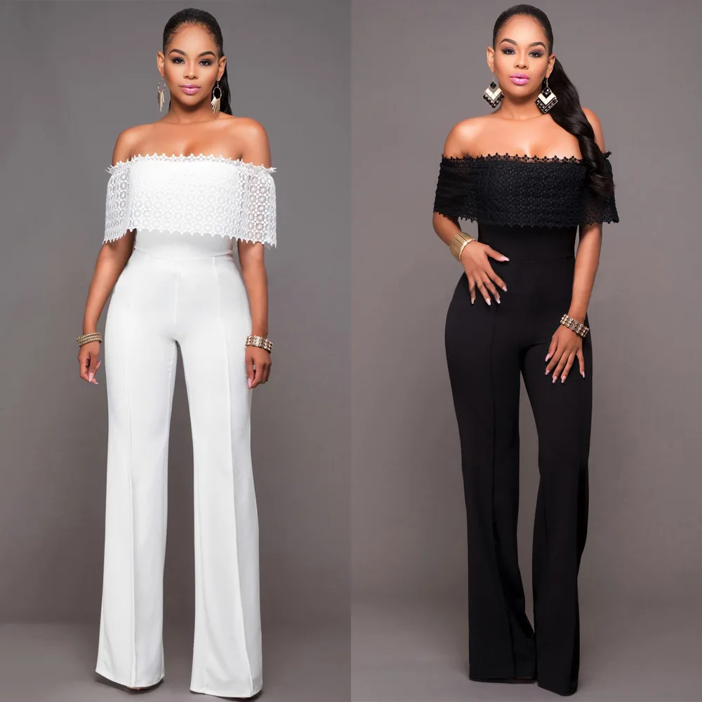 

2021 Women's New Style Side Zipper Loose Casual Sexy Jumpsuit Off-the-shoulder Lace Edge Commuter Career