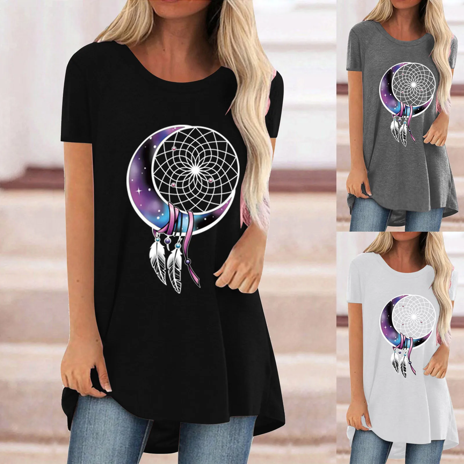 

Fashion Women's Summer Short-sleeved Fashion Casual Moon Wind Chimes O-neck Short-sleeved T-shirt Women Camiseta Mujer