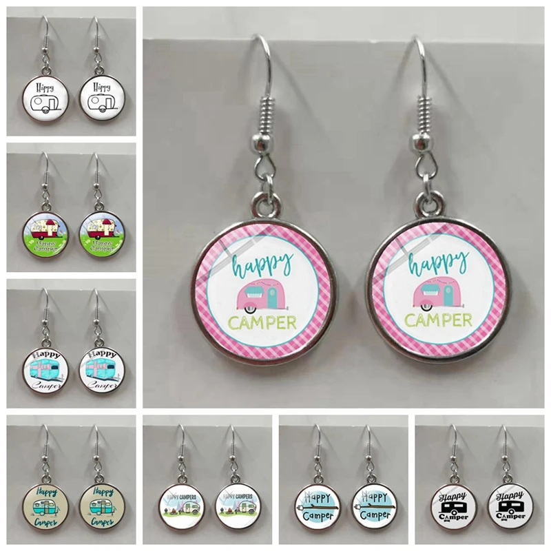 Симпатичные серьги счастливого кемпинга i RV стеклянные выпуклые круглые богини