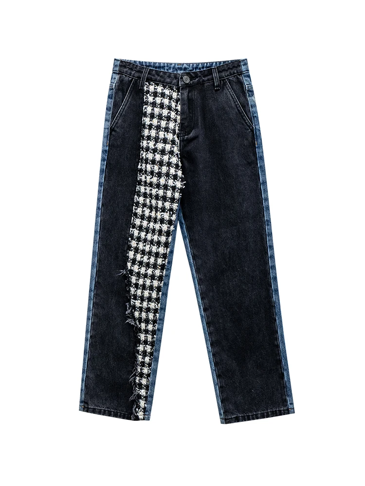 

High Waist Color Matching Jeans Women's Non-Mainstream Design Woven Plaid Contrasting Color Autumn Straight-Leg Pants