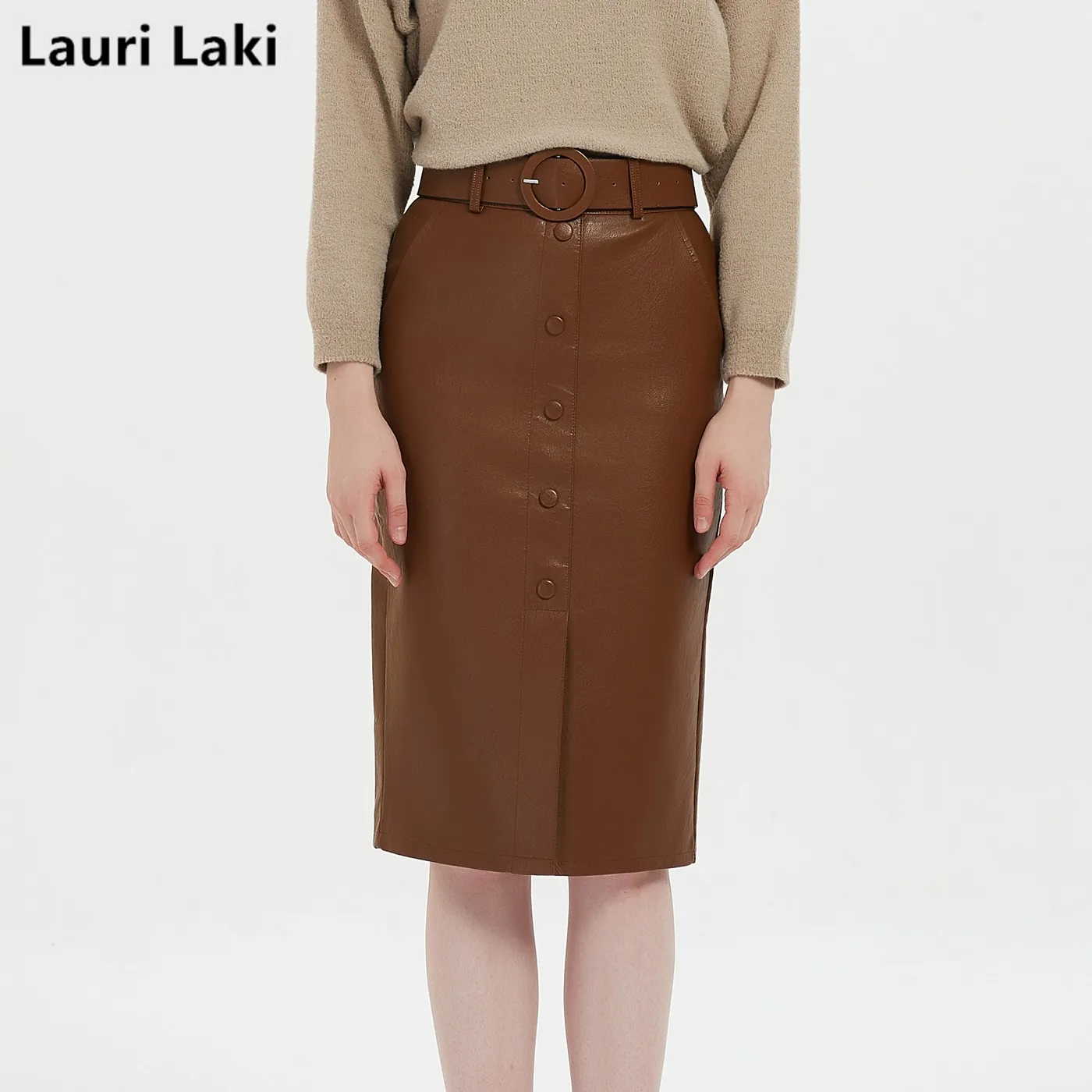 

Lauri Laki Pu Faux Leather High Waist Skirt Women Vintage Autumn Winter 2021 Split Fork Button Bodycon Pencil Mid-calf Skirt