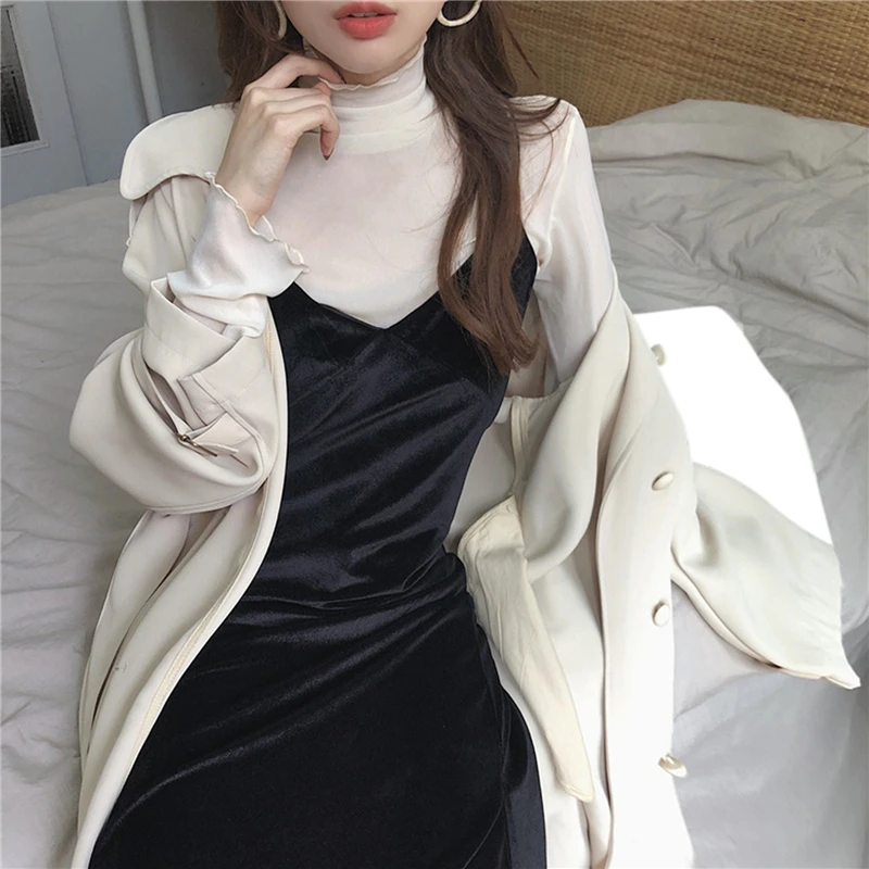 

Sexy Solid Color High Neck Lace See Through Women T Shirt Retro Temperament Mesh Women's T-shirt Office Lady Splice T Shirt