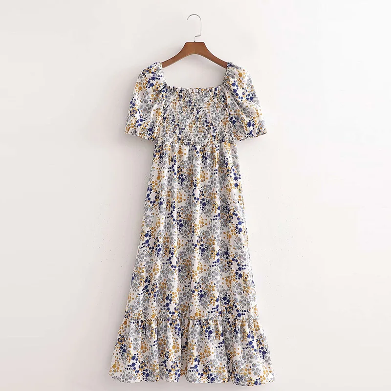

Ladies 2021 New Elegant Stretch Elastic Front Slit Printed Dress Women's Summer Short Sleeve Square Collar Floral Long Dresses