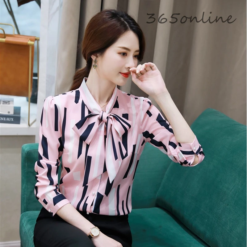 Высокое качество ткани элегантные Полосатые блузки с длинным рукавом бабочкой