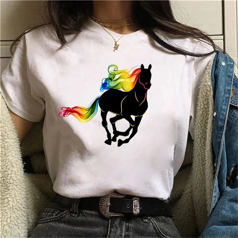 

Watercolor Horse tshirts white top shirt summer Aesthetics Graphic Short Sleeve Polyester T Shirts Female Camisetas Verano Mujer
