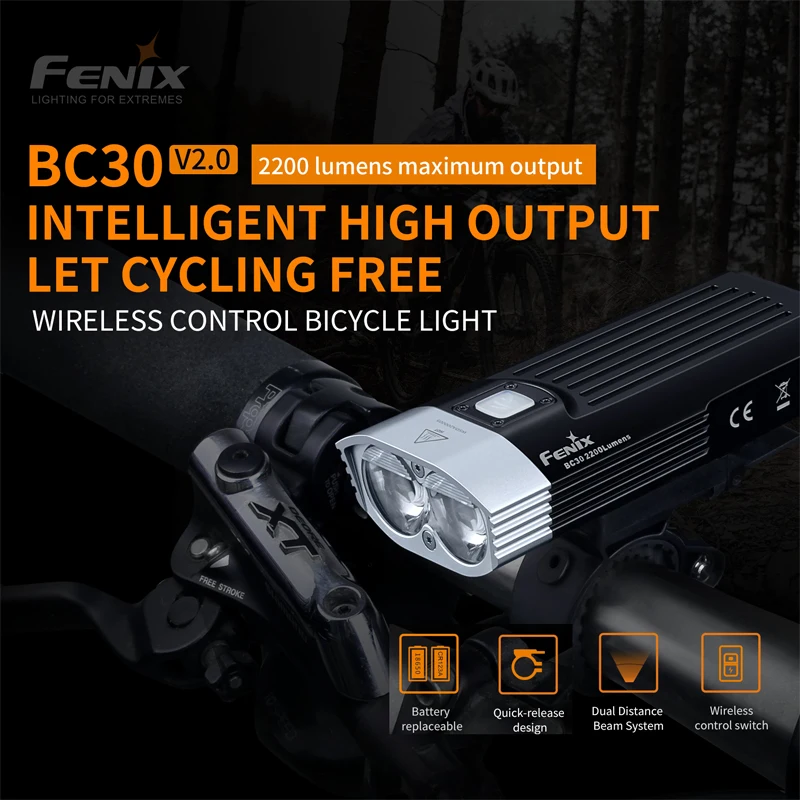 Фсветильник велосипедный Fenix BC30 V2.0 максимальная мощность 2200 люмен Питание от 2