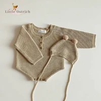 newbaby boy girl cotton knitted romper cap infant toddler jumpsuit long sleeve spring autumn knitwear outfit baby clothes 0 2y