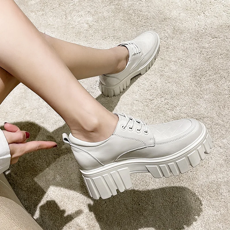

Women Leisure fashion Shoes Thick-soled 2021 Spring Genuine Leather Shoes Ladies Lace-up Body Increase White Student Shoes Woma