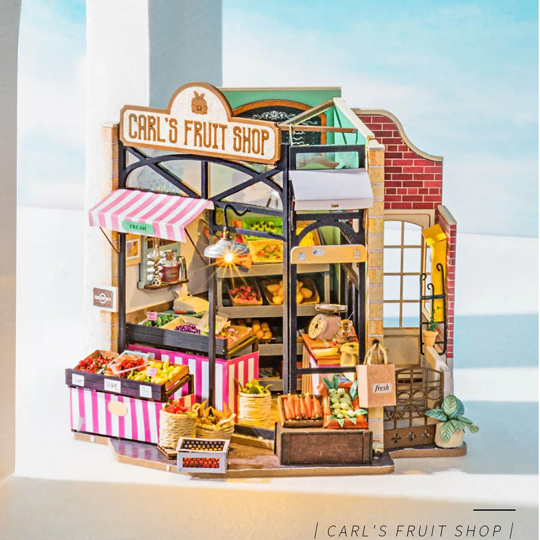 

DIY 3D Wooden Miniature Dollhouse Puzzle Model Kit Carl'S Fruit Nancy'S Bake Emily'S Flower Shop With LED Building Kit Toy Gift