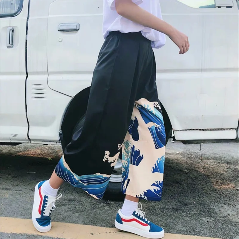 

Traditional Japanese Clothes Boho Capri Pants Red-Crowned Crane Japanese Fashion Wide Leg Pants Kimono Cropped Trousers FF2576