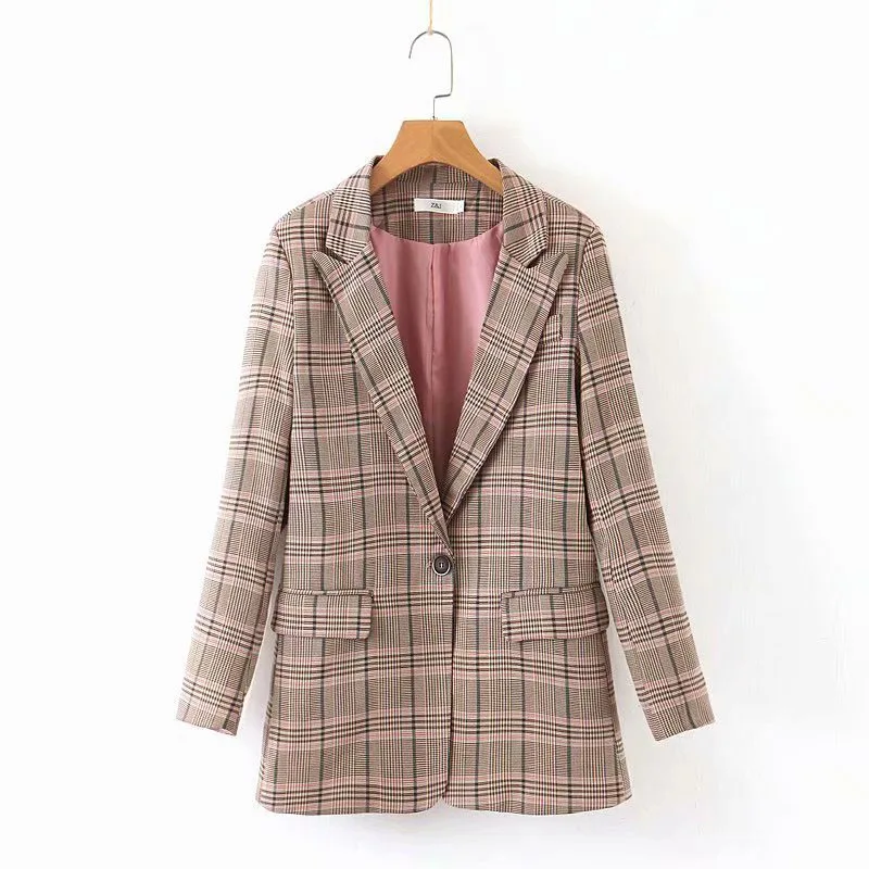 

Winter New Style women British Style Elegant Pocket Lapel Plaid Casual Female Long-Sleeved Suit Jacket