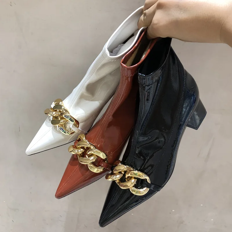 

Metal buckle patent leather pointed high heels ankle boots women's square low-heel pointed toe slip-on Chelsea boots 2021