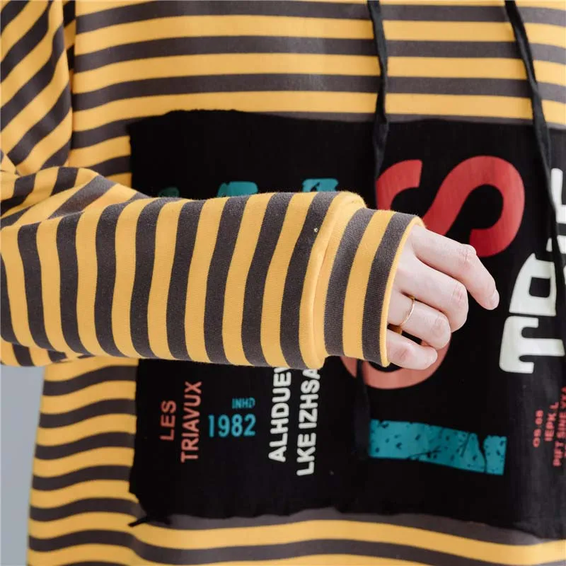 

Oversized Sweatshirt For Women Pullovers Cotton Letter Print Striped With Hoodies Female Loose Winter Korean Clothes 4XL 5XL 6XL