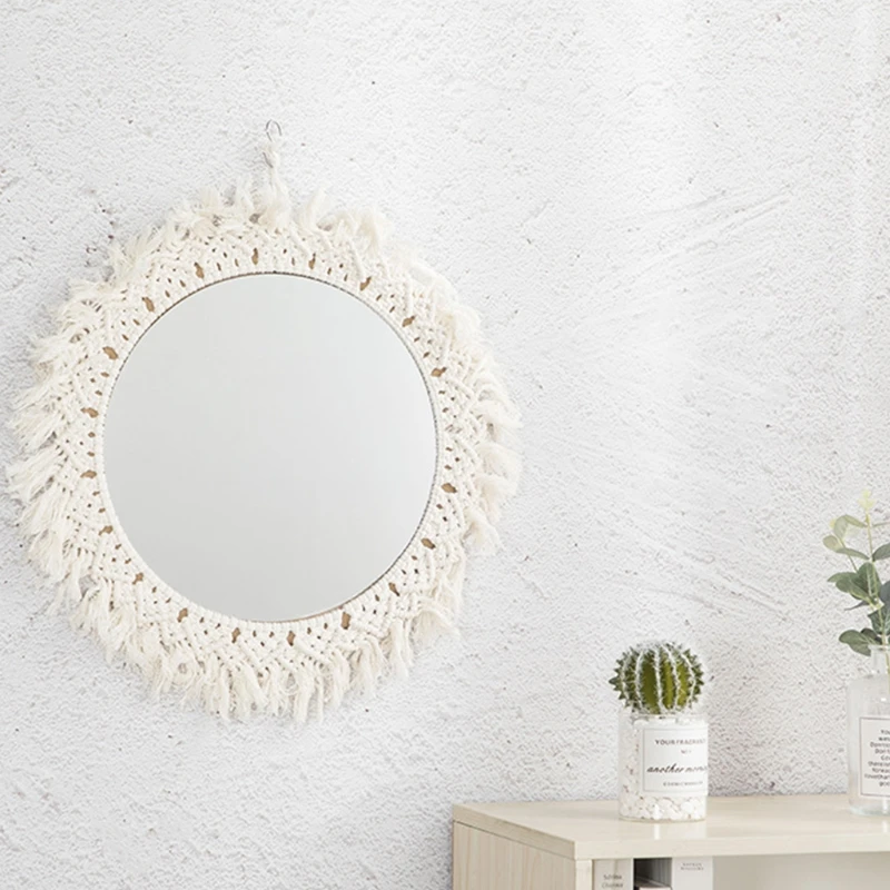 

Handmade Woven Hanging Wall Mirror Bohemian Antique Braided Cotton Rope Macrame Fringe Tassels Tapestry Round Decoration