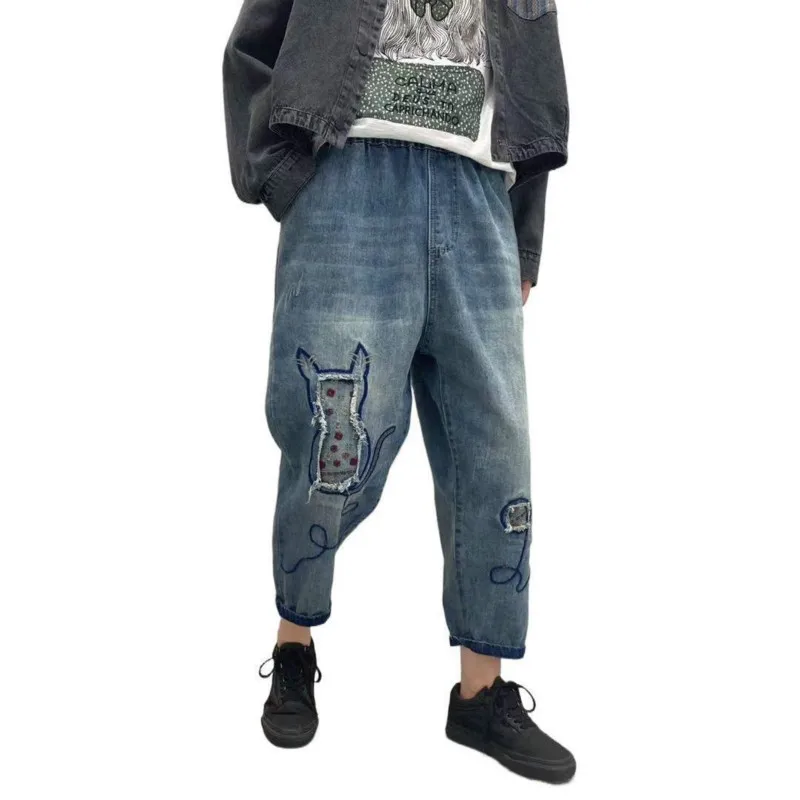 

Masss Wasss Korean Designer Spring Pantalons Ladies Casual Embroidery Jeans Womens Vintage Denim Harem Pants Oversized Trousers