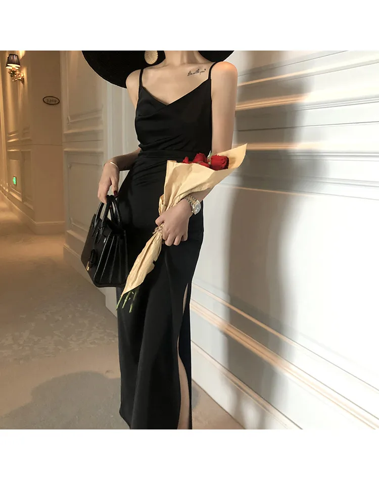 

2021 French Party Wedding Vintage Silk Dresses Satin Dress Woman Sleeveless Spaghetti Strap Evening Red Black Summer