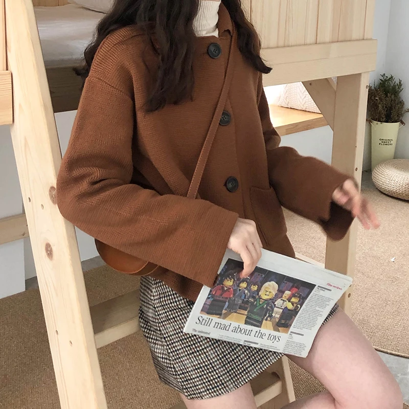 

3 colors 2020 autumn korean style solid color turn down collar knittd cardigans womens sweaters womens
