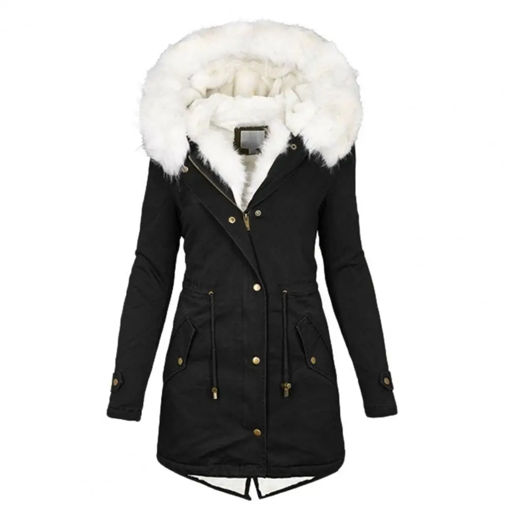 

New Zipper Buttons Closure Women Thicken Coat Long Sleeve Waist Drawstring Plush Hooded Fleece Lined Cotton Coat Outerwear