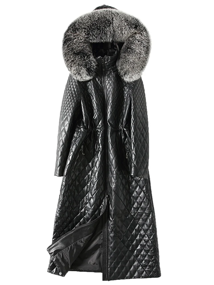 2020 women genuine jacket with real fox fur collar long sheepskin coat leather jackets Park Cuero Genuino | Женская одежда